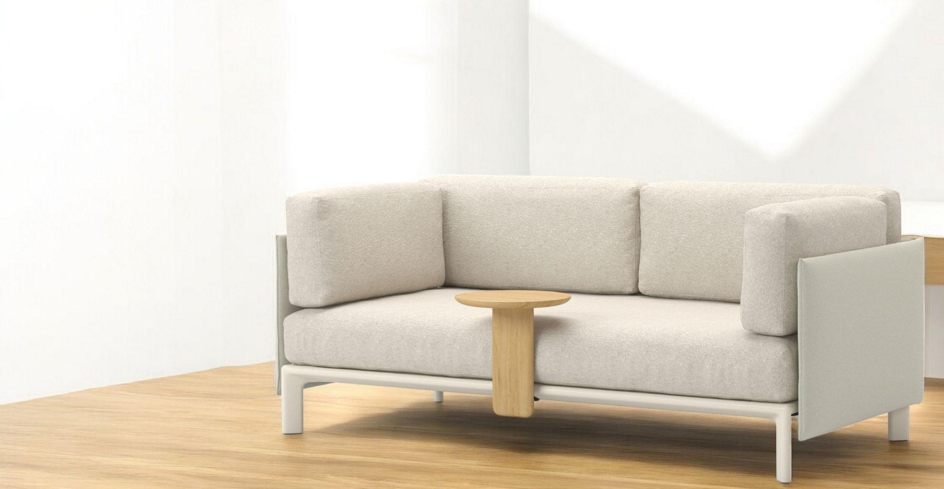 Helles Anagram 2-Sitzer Sofa von Vitra mit kleinem Holztisch, modernes Design für Wohnzimmer.