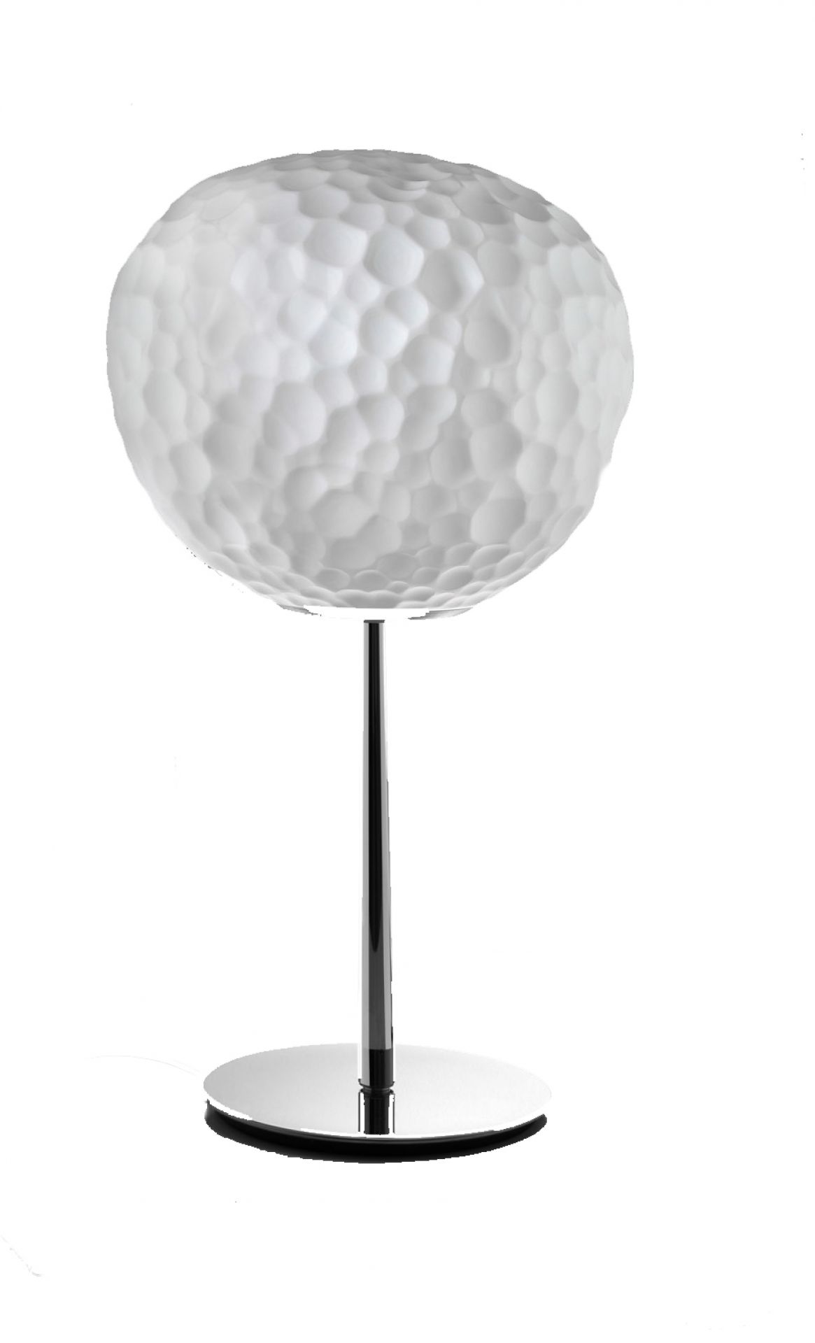 Artemide Meteorite Tischleuchte mit weißem, strukturiertem Glasschirm und verchromtem Fuß. Design Lampe für Wohnzimmer.
