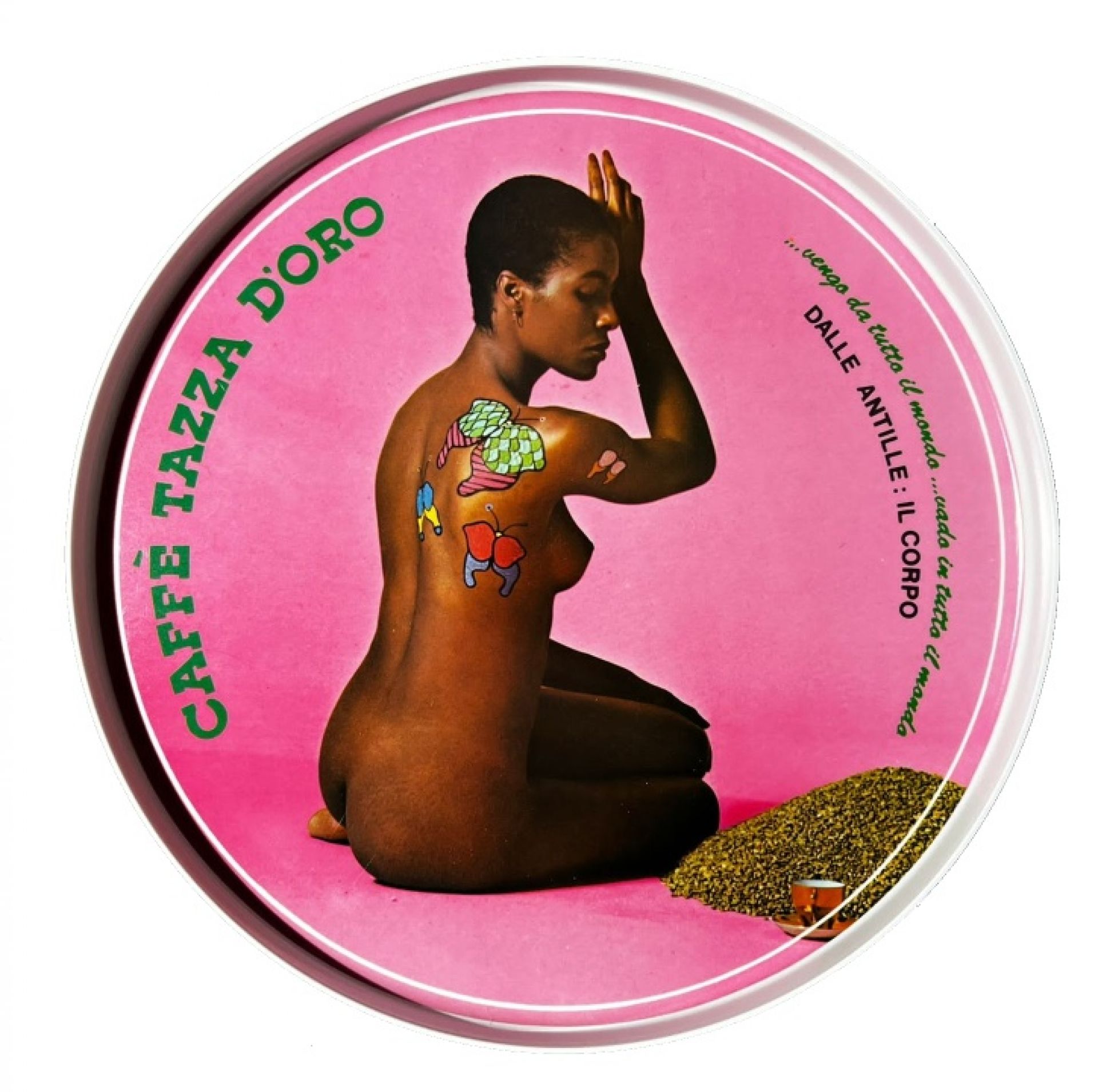 Caffè Tazza d'Oro Tablett, rund, rosefarben, mit Frau und Kaffeebohnen Motiv. Dekoratives Einzelstück.
