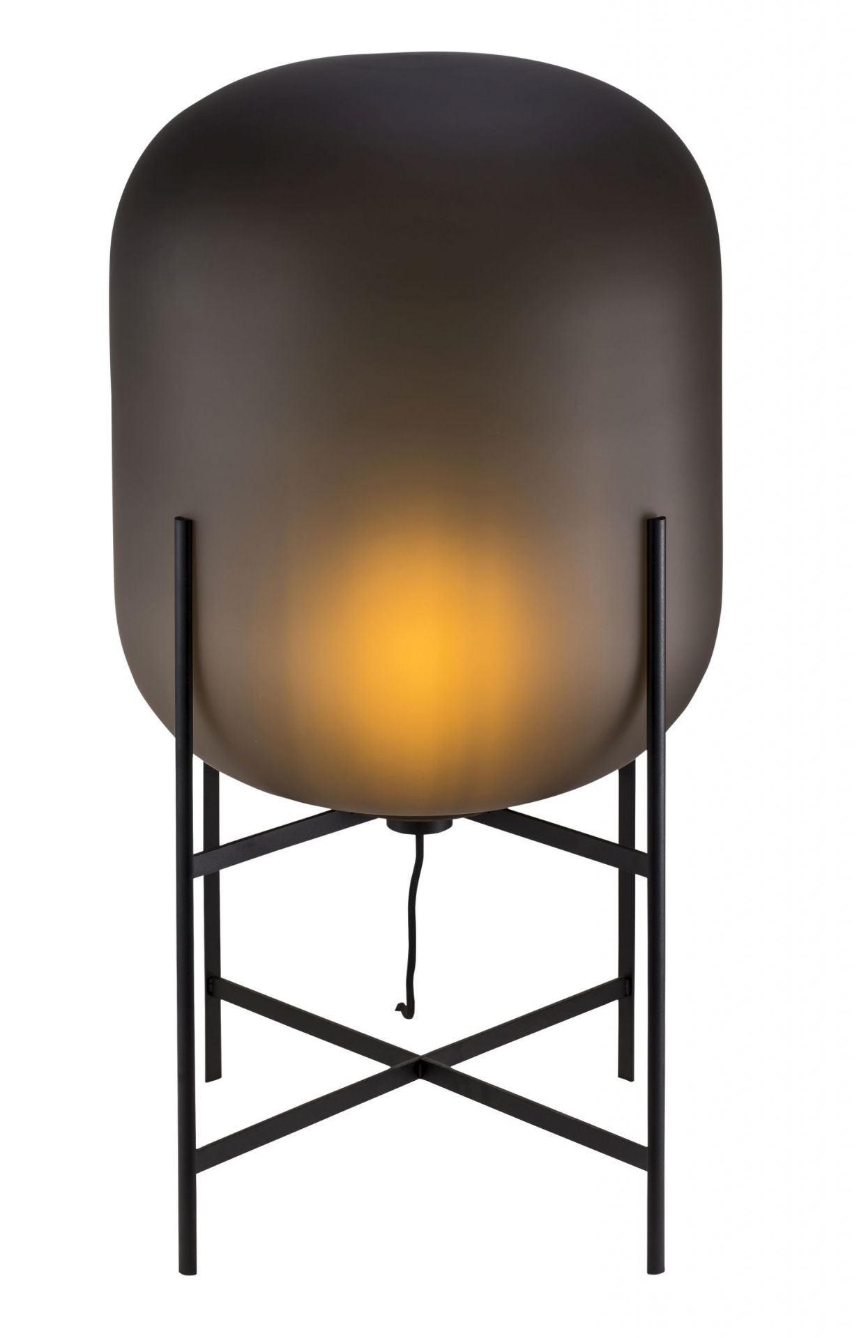 Oda Stehleuchte Medium: Rauchgraue, satinierte Glasleuchte auf schwarzem Metallgestell, warmes Licht.