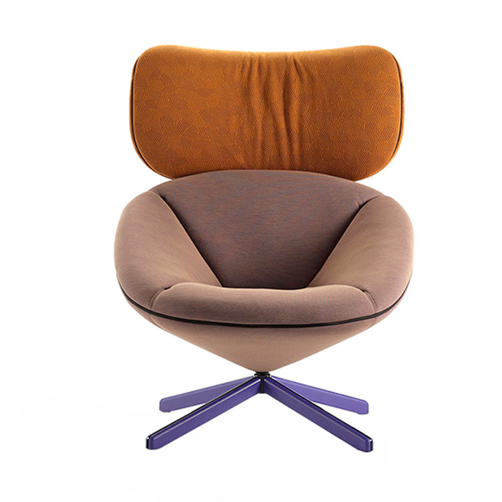 Tortuga Lounge Sessel von Sancal, moderner Relaxsessel mit braunem Stoffbezug und lila Drehfuß, für Wohnzimmer und Büro.
