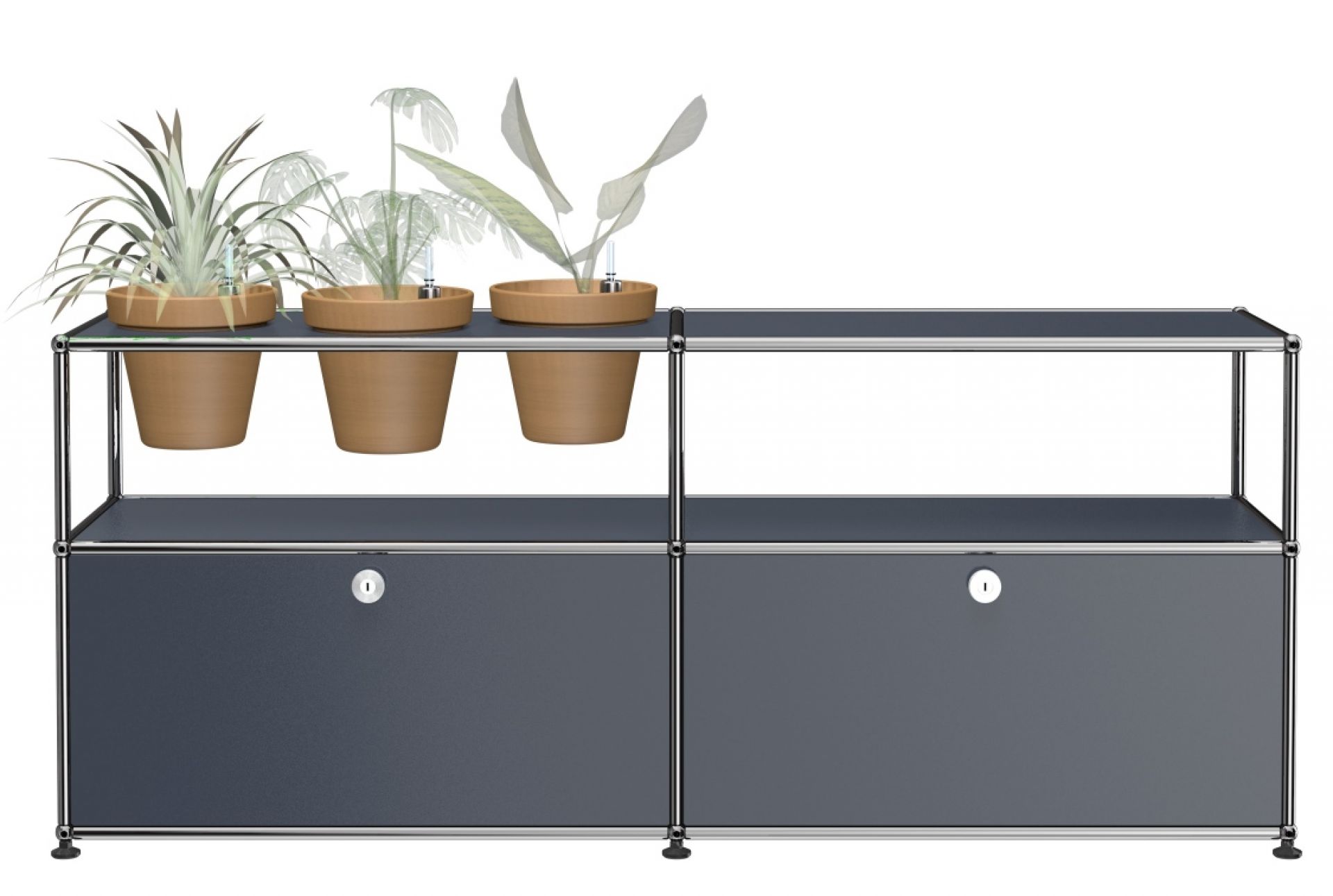 Anthrazitgraues USM Haller Sideboard mit Pflanzenwelten-Konfiguration. Moderner Stauraum mit Schrankfächern und Pflanzen.