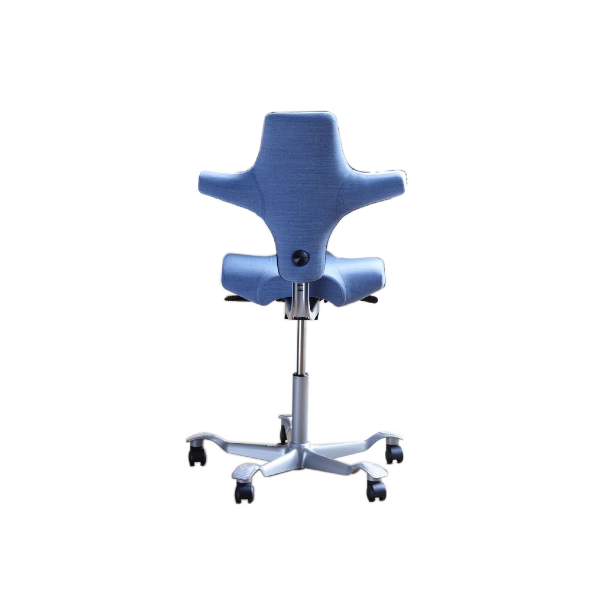 Blauer Capisco Bürostuhl von HAG, ergonomischer Arbeitsstuhl mit Rollen, Rückansicht.