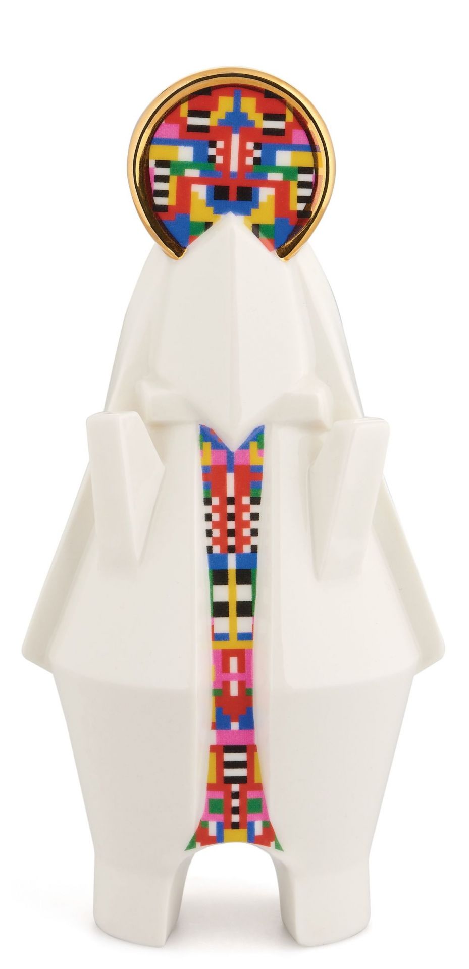 Alessi Mary Porzellanfigur mit bunten Mustern und goldenem Heiligenschein, ein dekoratives Sammlerstück.