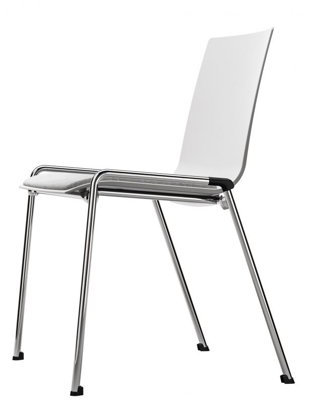 Thonet S 260 SP Stuhl: Weißer Besucherstuhl mit Chromgestell und grauem Spiegelpolster.
