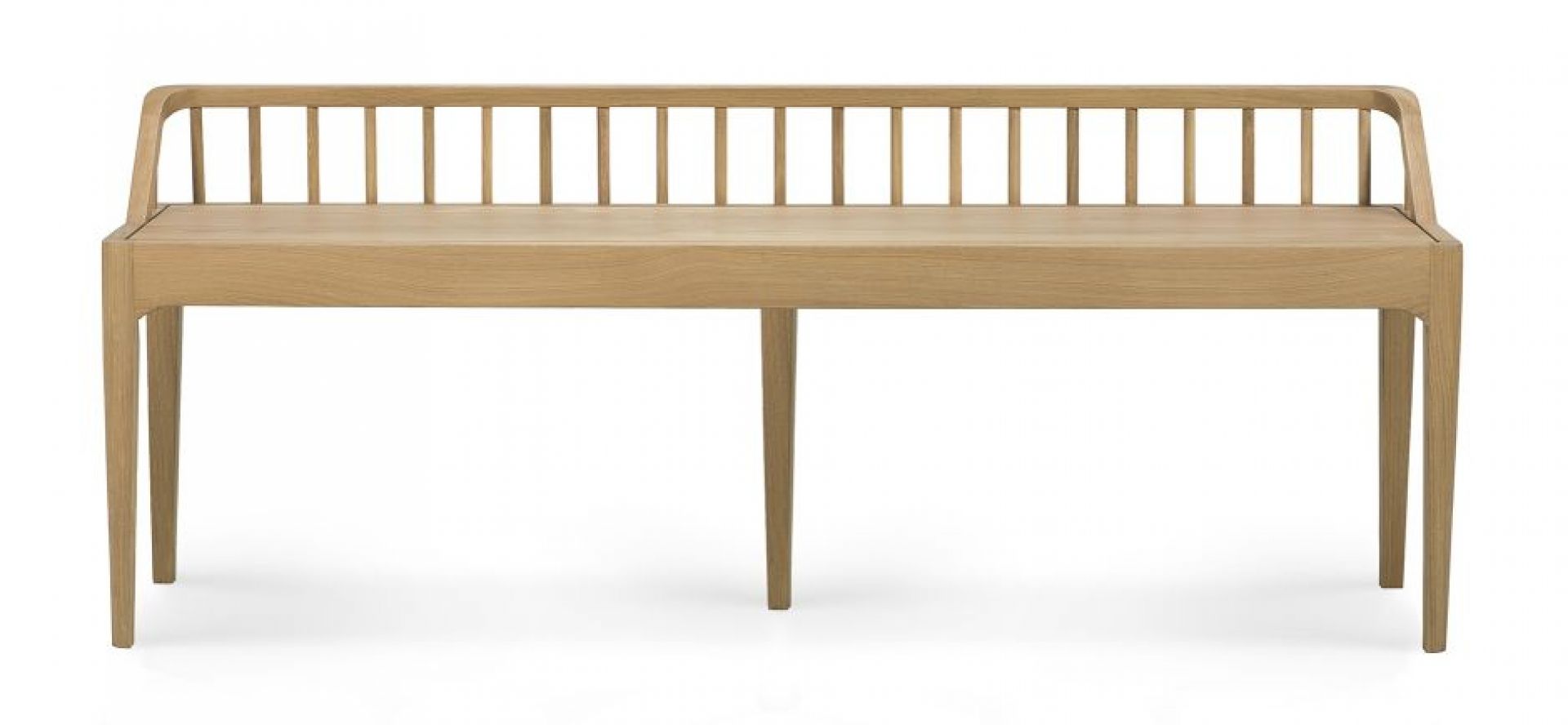 Ethnicraft Spindle Bank aus massivem Eichenholz, moderne Holzbank mit Rückenlehne für Esszimmer und Flur.