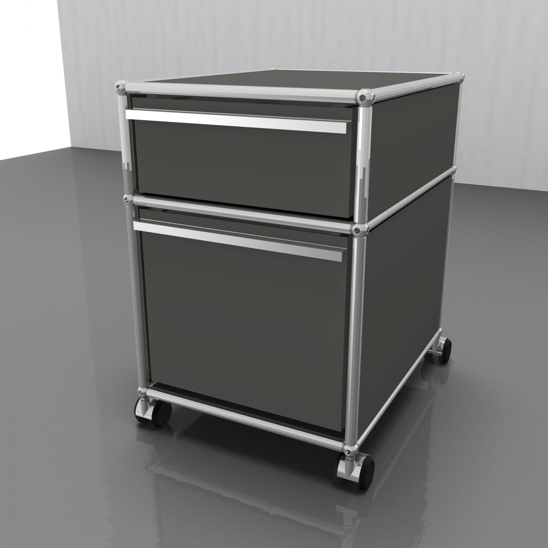 Lichtgrauer USM Rollcontainer mit zwei Schubladen und optionaler Lederauflage für Büro und Arbeitszimmer.