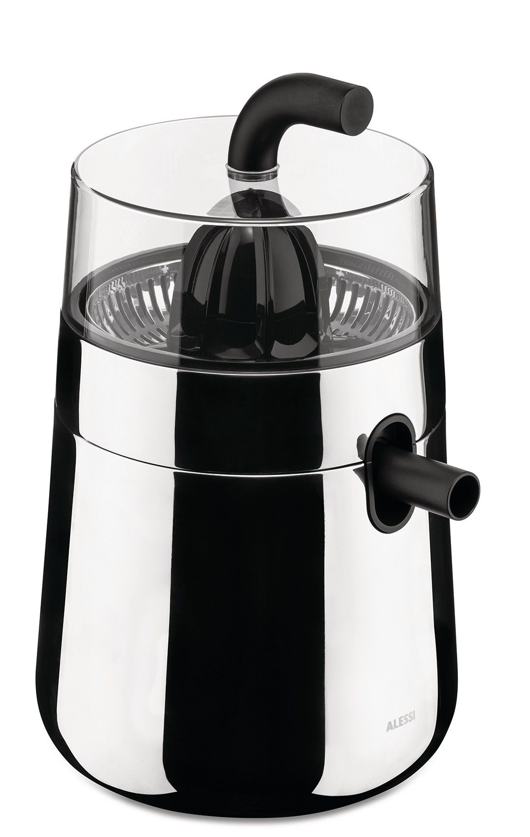 Alessi NE02 B Toru elektrische Zitronenpresse aus Edelstahl und Glas für frischen Saft.