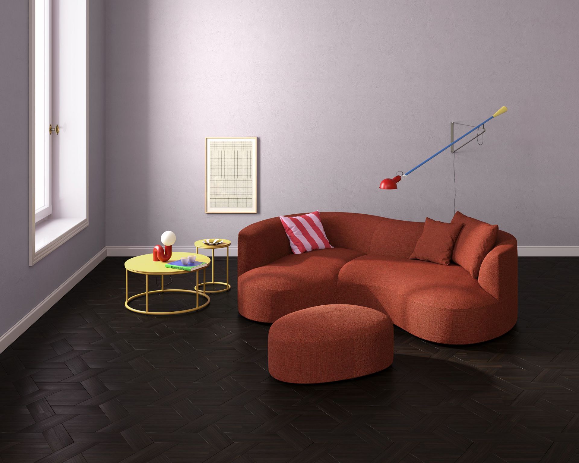 Wohnzimmer mit orangefarbenem Sofa und Siwa Hocker Cor, moderne Möbel und stilvolles Interieur.