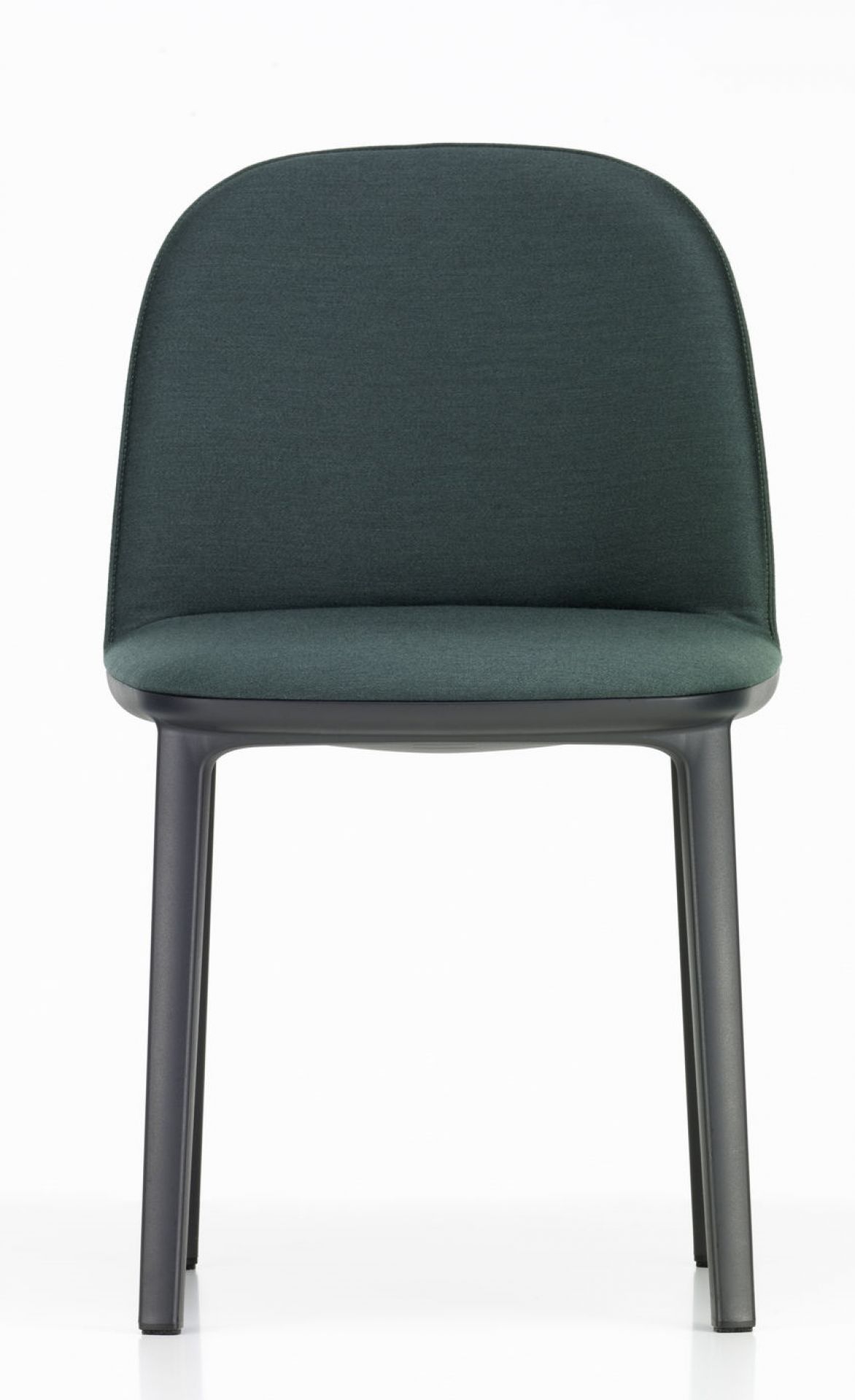 Grüner Softshell Side Chair Stuhl von Vitra, Frontansicht auf weißem Hintergrund. Designstuhl für Esszimmer.