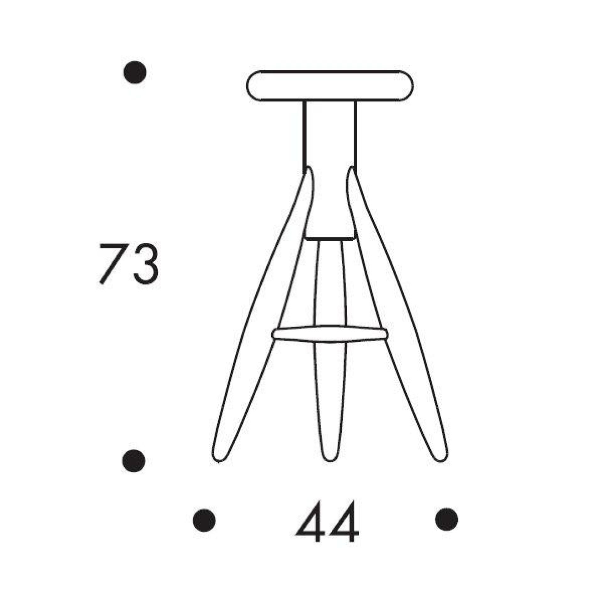 Skizze des Artek EA001 Rocket Barhocker mit Maßen, ideal für moderne Küchen und Bars.