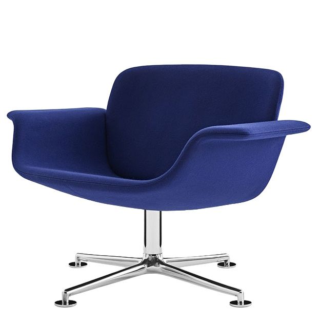 Blauer KN01 Lounge Drehsessel von Knoll International mit Chromfuß und Stoffbezug.