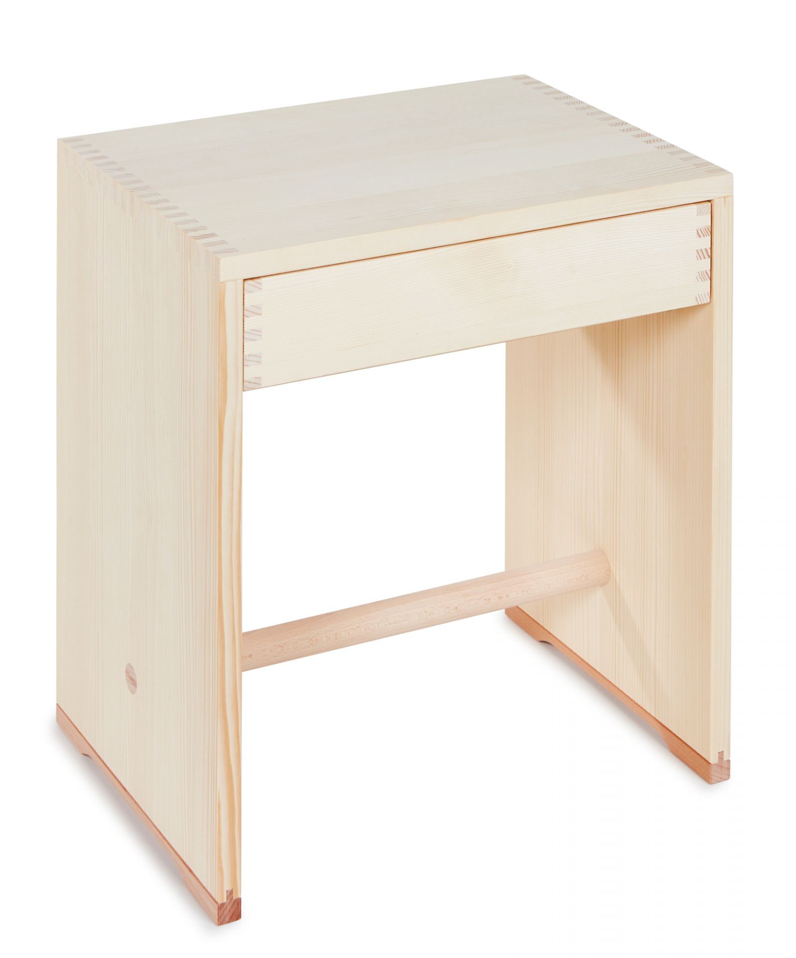 Ulmer Hocker mit Schublade aus hellem Naturholz, vielseitig einsetzbar als Sitzgelegenheit oder Beistelltisch.