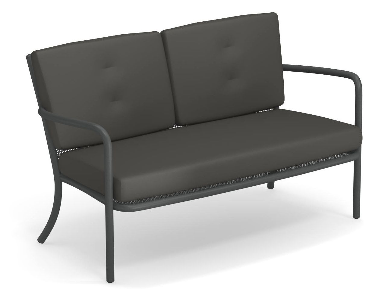 Graues Athena 2-Sitzer Sofa für den Außenbereich mit bequemen Kissen und modernem Design.
