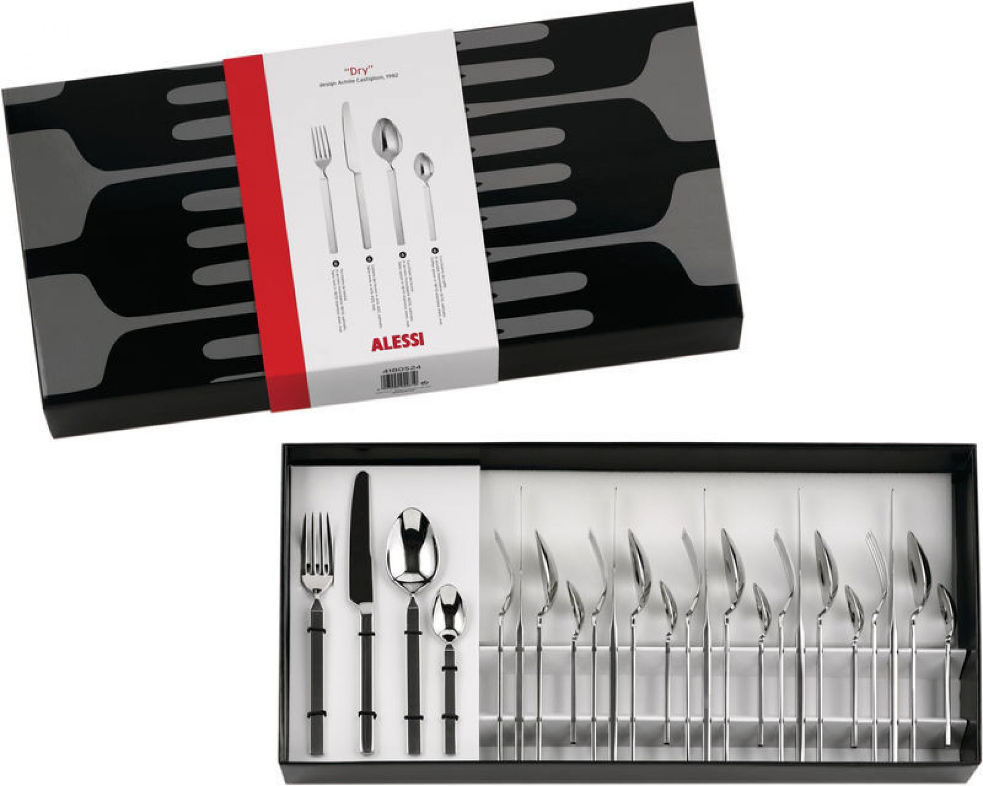 Alessi Dry Besteckgarnitur, 24-teilig im Geschenkkarton. Edelstahl Besteckset für 6 Personen.