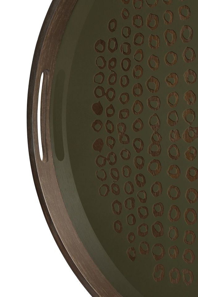 Detailaufnahme des runden Ethnicraft Second Nature Tabletts mit olivgrüner Oberfläche und Muster.