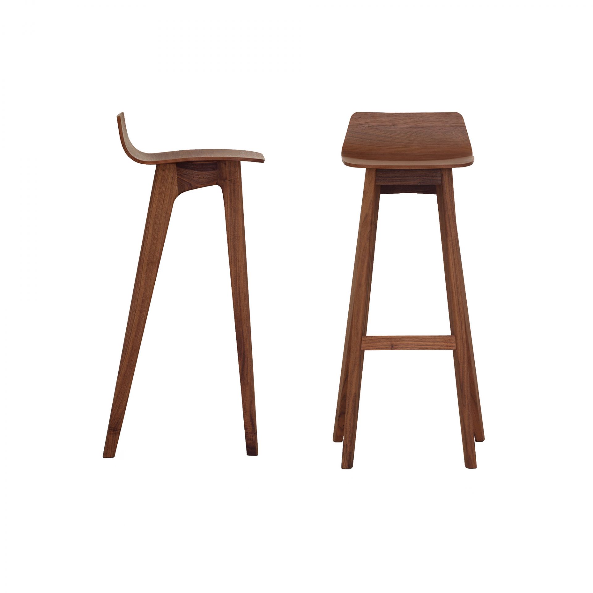 Morph Barhocker aus Nussbaumholz, Sitzhöhe 80 cm, Seiten- und Frontansicht, modernes Design.
