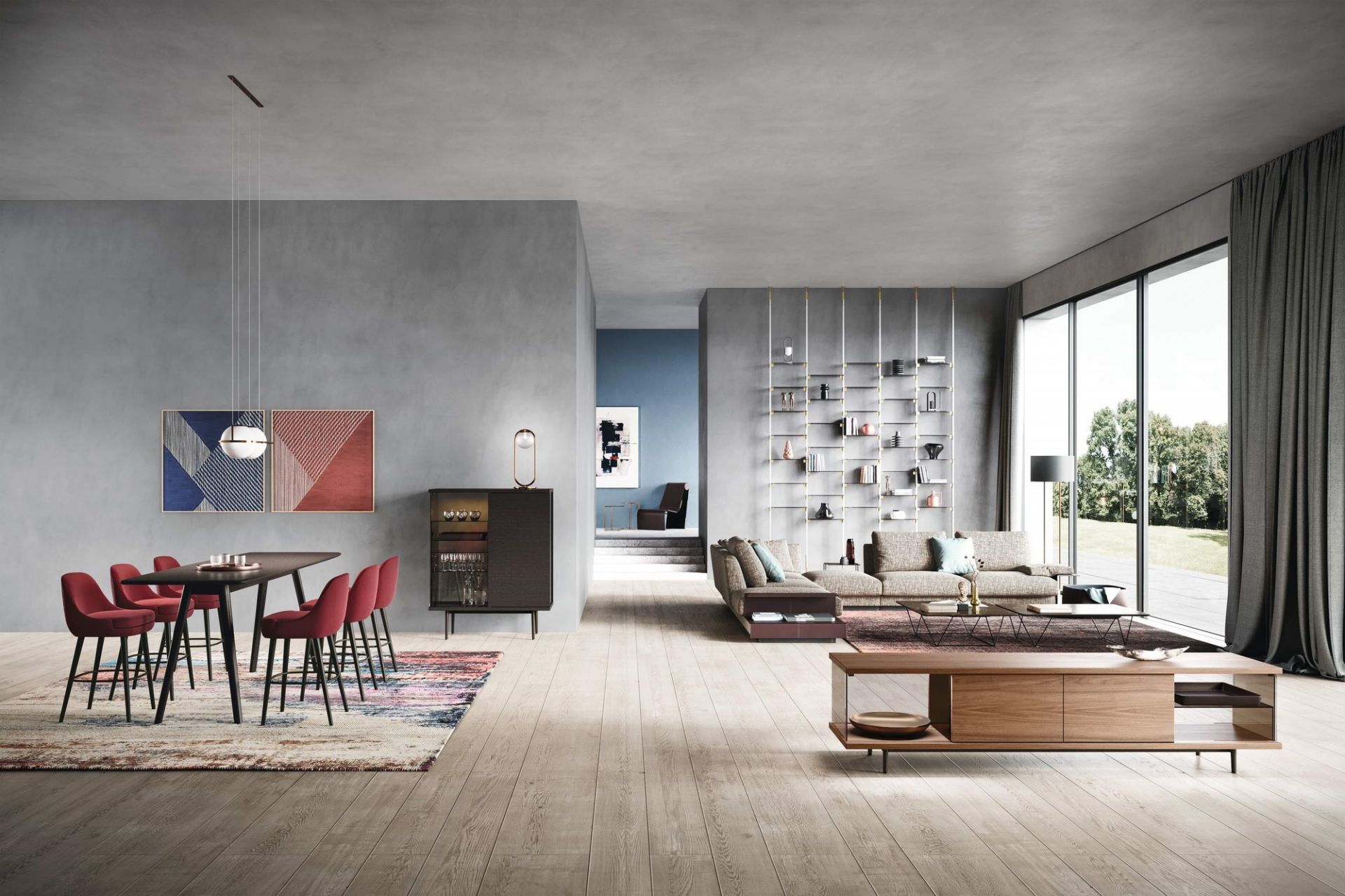 Wohnzimmer Interieur mit Walter Knoll Oki Table Couchtisch aus Holz und Glas.