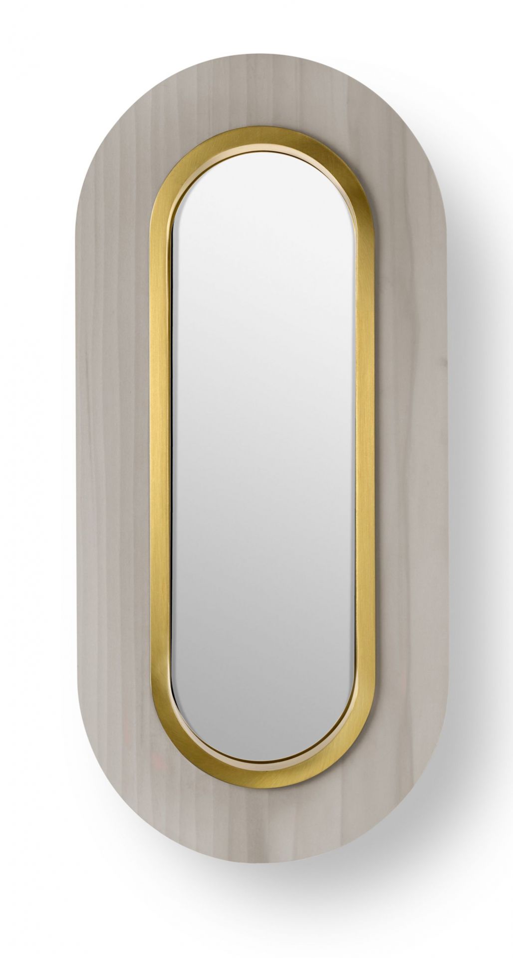 Lens LED Wandleuchte von LZF Lamps: Ovales Design mit goldenem Metallring und grauer Holzoptik.