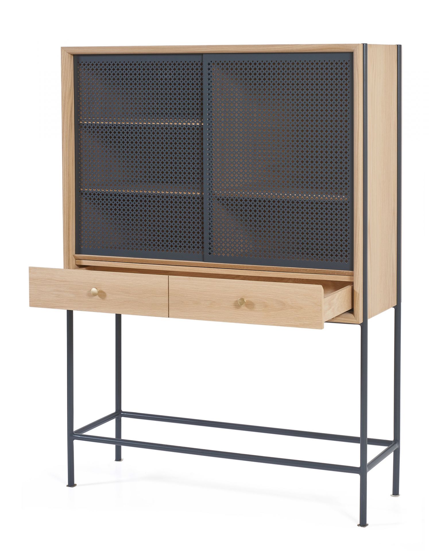 Hartô Gabin Anrichte aus Eiche mit Schiebetüren und Schubladen auf einem Metallgestell.