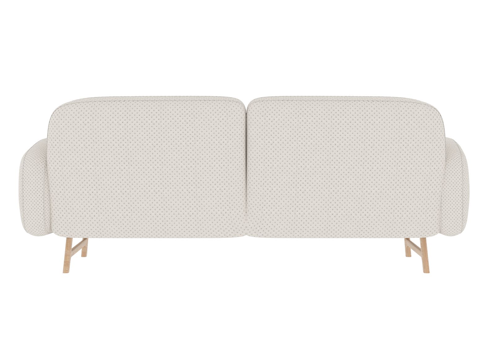 Ansicht von vorne: Helles Auguste Sofa mit Stoffbezug und Holzfüßen.