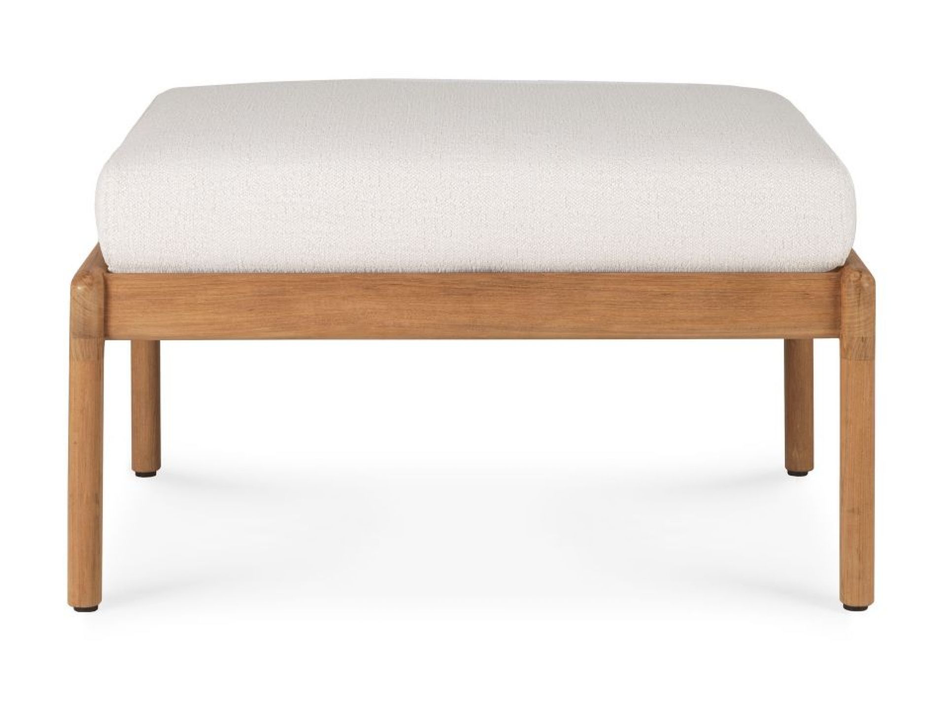 Jack Outdoor Polsterhocker von Ethnicraft: Quadratischer Hocker aus Teakholz mit weißem Polster für den Außenbereich.