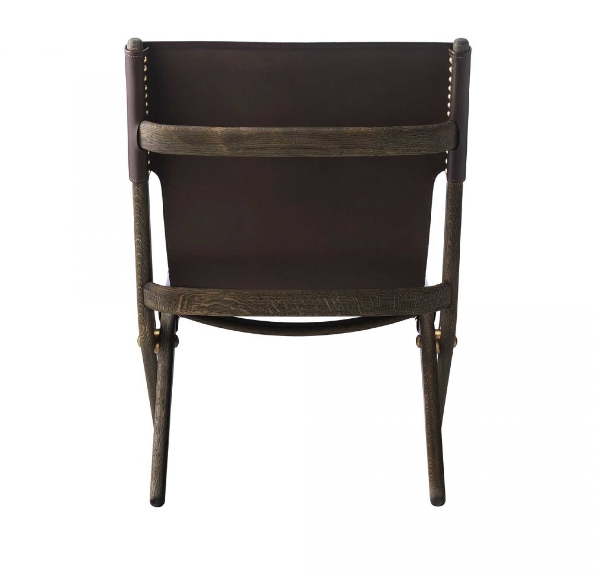 Rückansicht des Saxe Chair: braun gebeiztes Eichenholzgestell mit braunem Lederbezug.