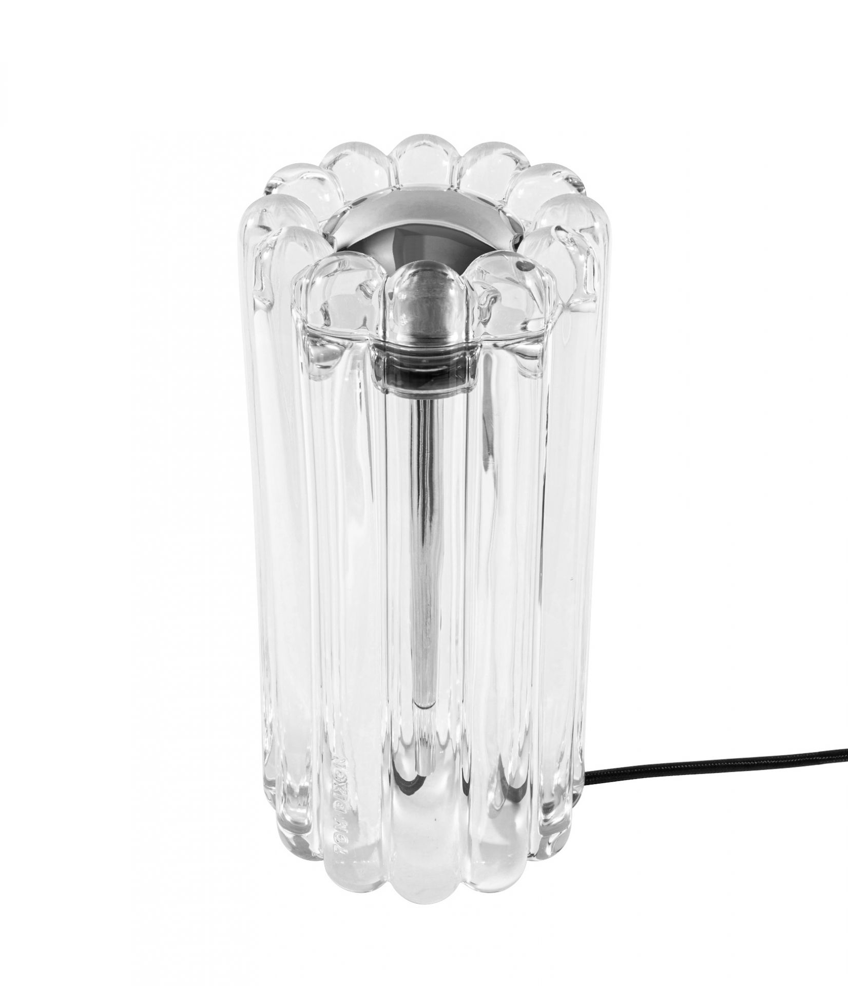 Transparente Press Tischleuchte von Tom Dixon aus dickem, geriffeltem Glas mit silberfarbenen Details.