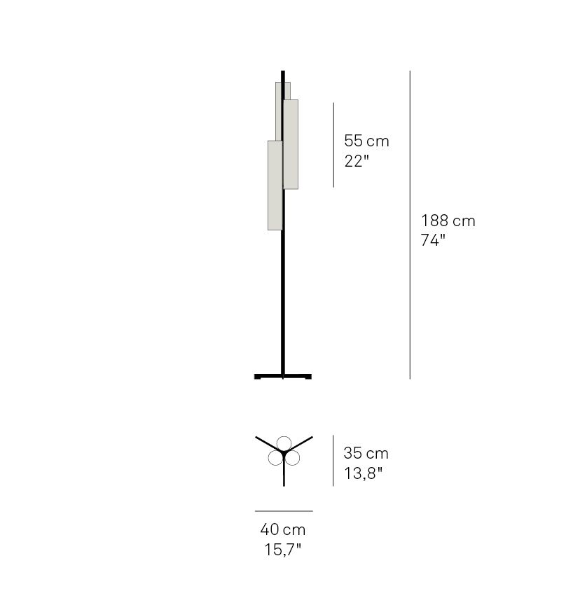 Abbildung mit Maßangaben: Black Note Triplet Stehleuchte von LZF Lamps, schwarz, Kirsche.