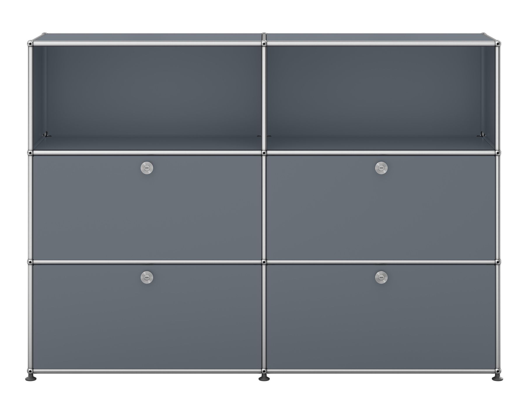 USM Haller Sideboard in Mittelgrau mit vier Klappen, modulare Aufbewahrungslösung für modernes Wohnen.