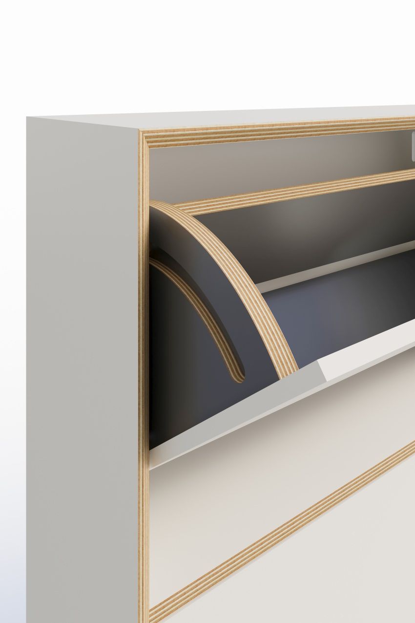 Detailaufnahme des Vertiko Schuhschranks von Müller Möbelwerkstätten mit Kippfächern aus grauem Holz.