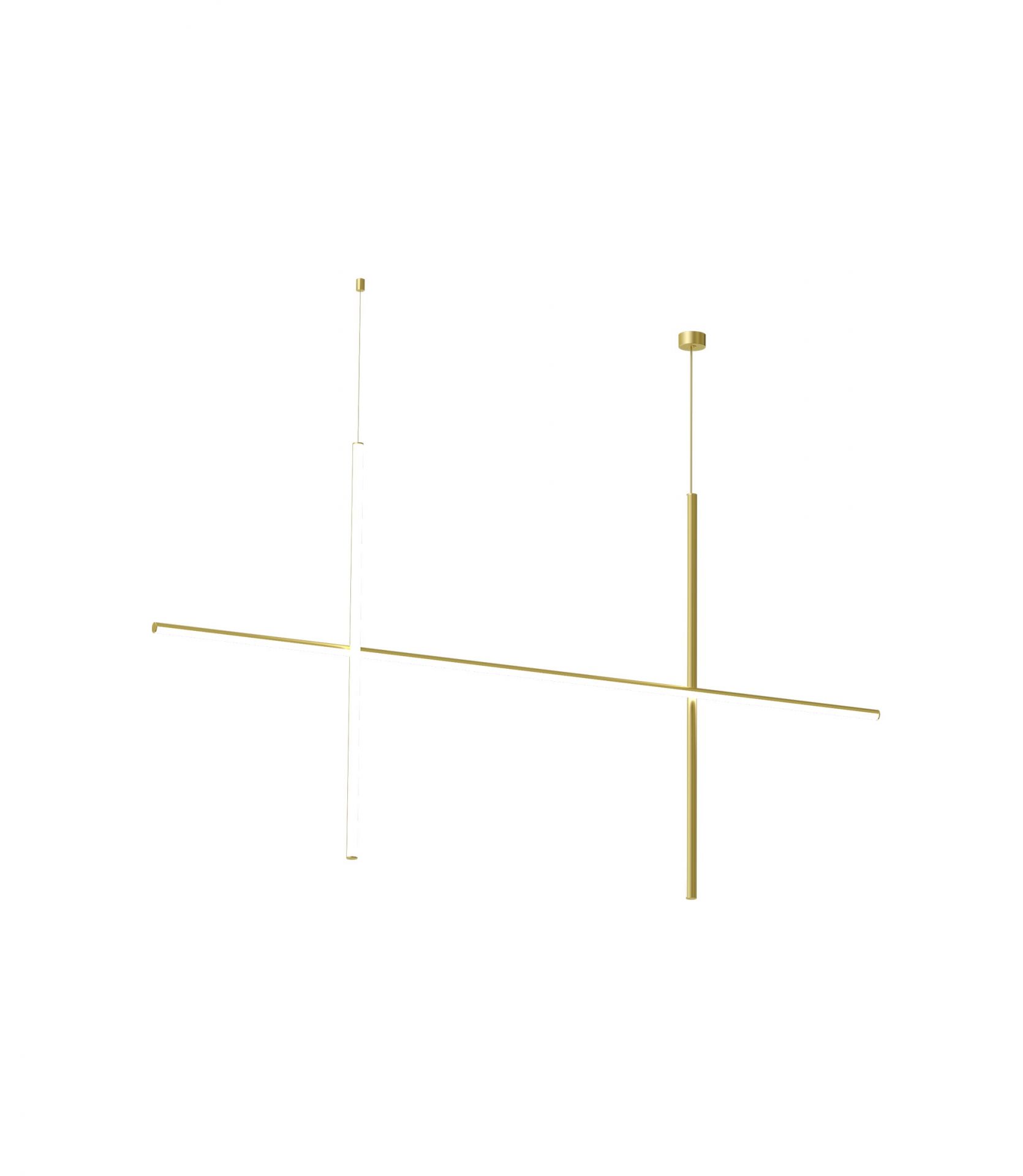 Goldene Coordinates Pendelleuchte von Flos mit horizontalen und vertikalen LED-Lichtelementen.