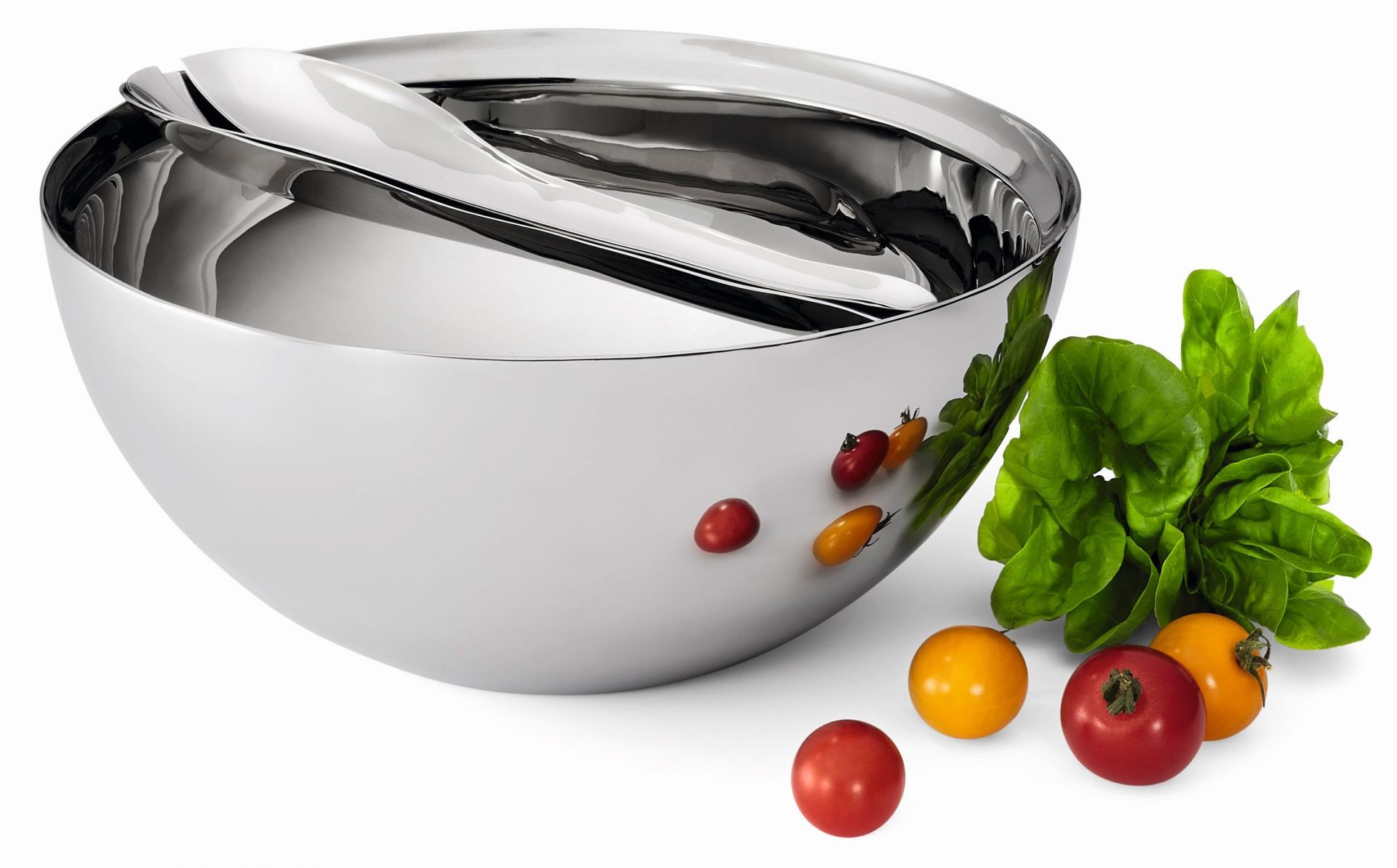 Insalata Salatschale aus Edelstahl mit Besteck und frischen Tomaten und Salat.