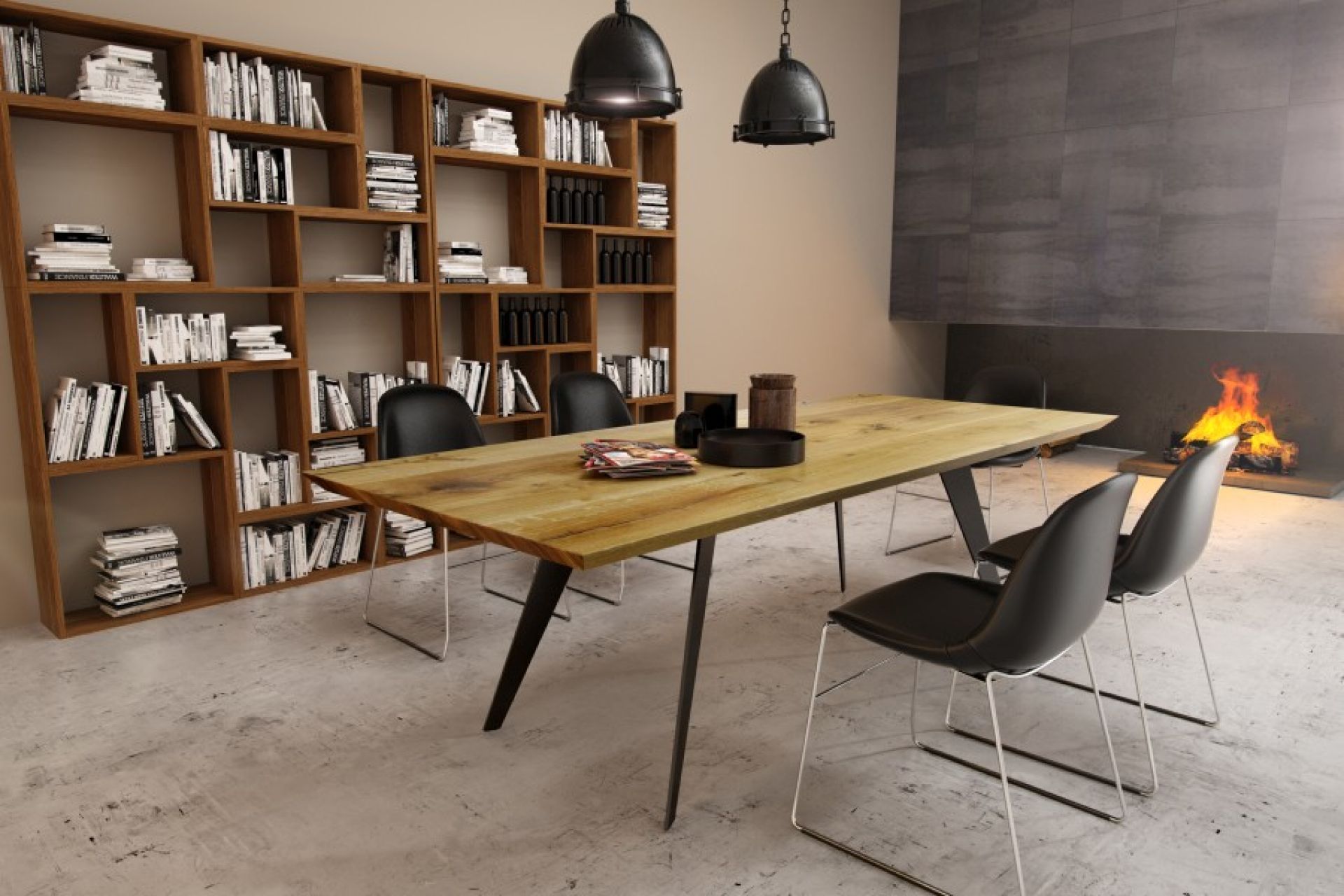 Fold Esstisch aus Holz mit schwarzen Stühlen in modernem Esszimmer mit Bücherregal und Kamin.