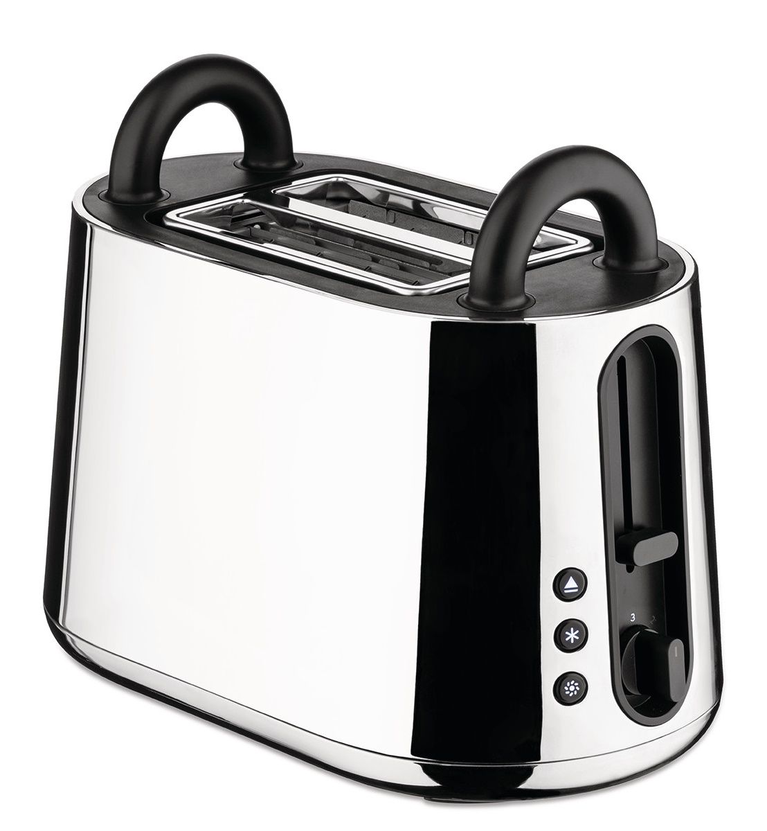 Alessi Toaster NE03 B Toru aus poliertem Edelstahl mit schwarzen Griffen.