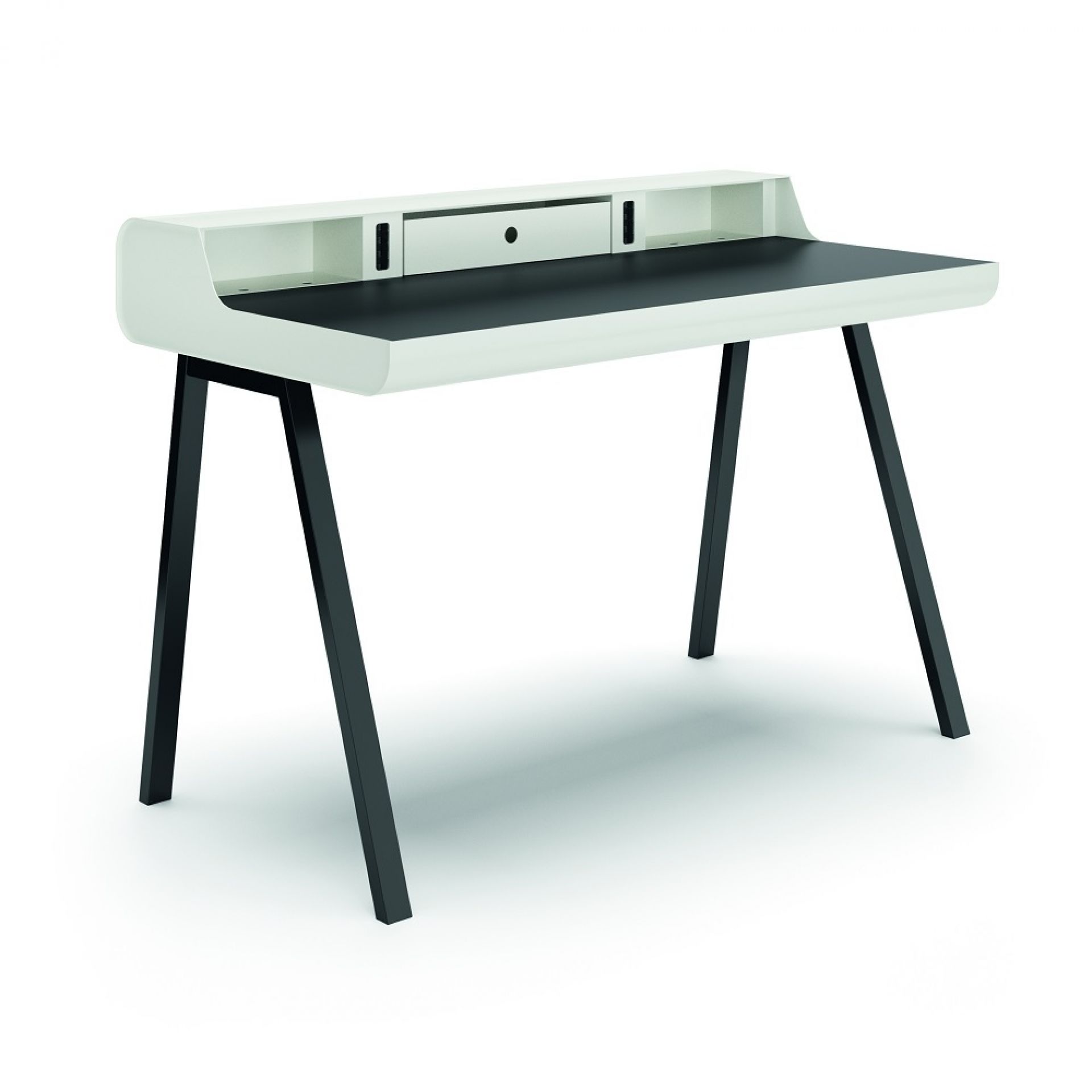 Weißer PS10 BIG Sekretär von Müller Möbelfabrikation mit schwarzer Arbeitsfläche und schwarzen Beinen. Moderner Schreibtisch für Büro und Homeoffice.