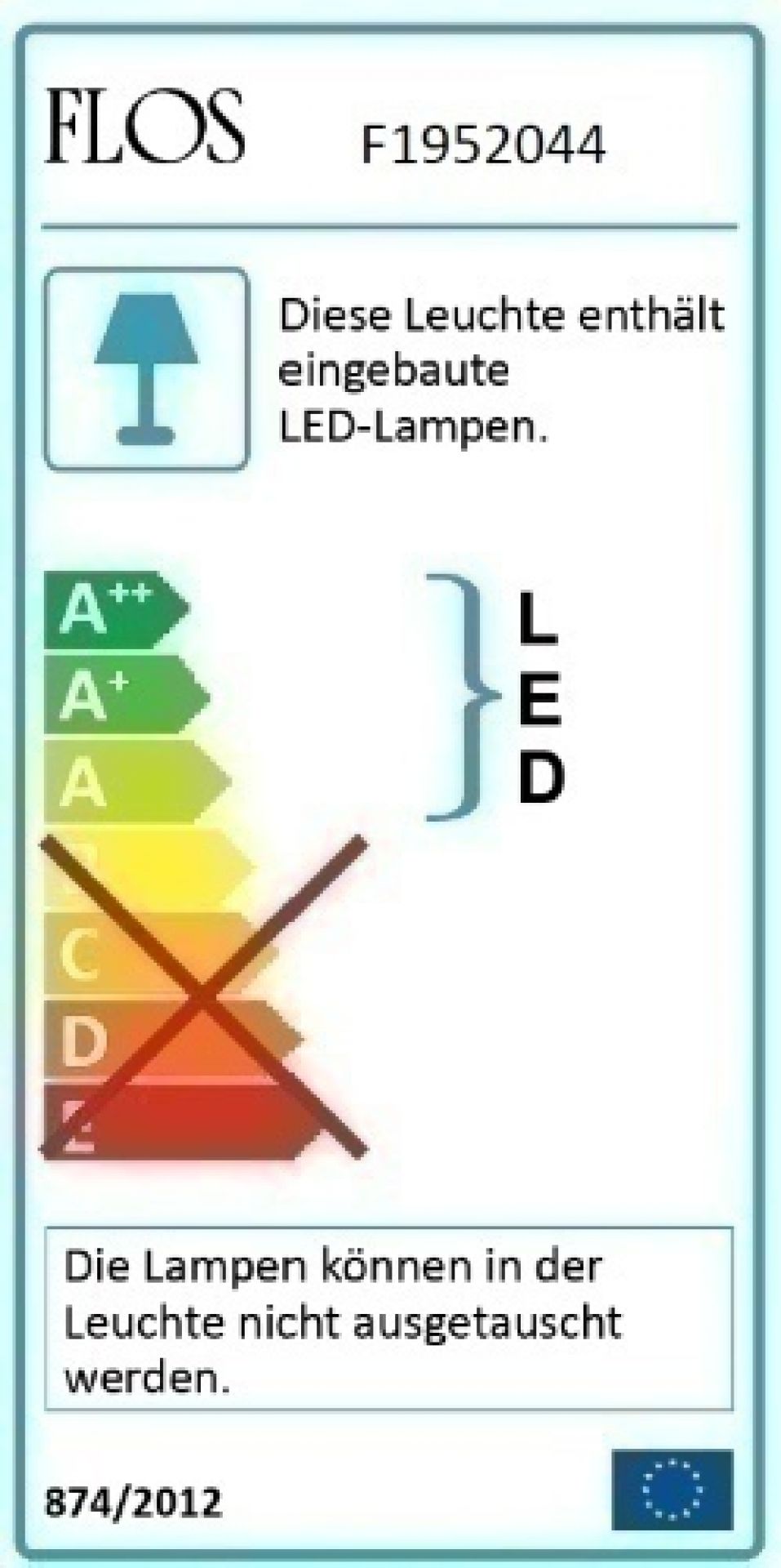 Energielabel der Flos Copycat Tischleuchte mit LED-Lampen, die nicht austauschbar sind.