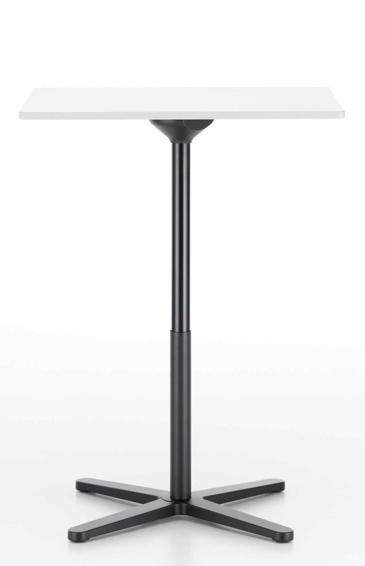 Vitra Super Fold Table High: Quadratischer Stehtisch mit weißer Tischplatte und schwarzem Gestell.