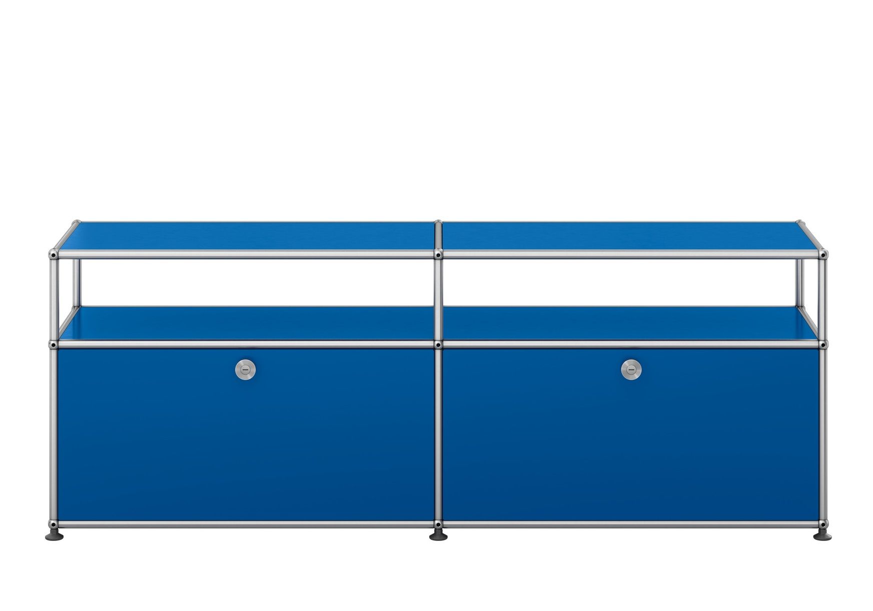 USM Haller Sideboard in Enzianblau, modernes TV- und Hi-Fi-Möbel mit zwei abschließbaren Fächern.