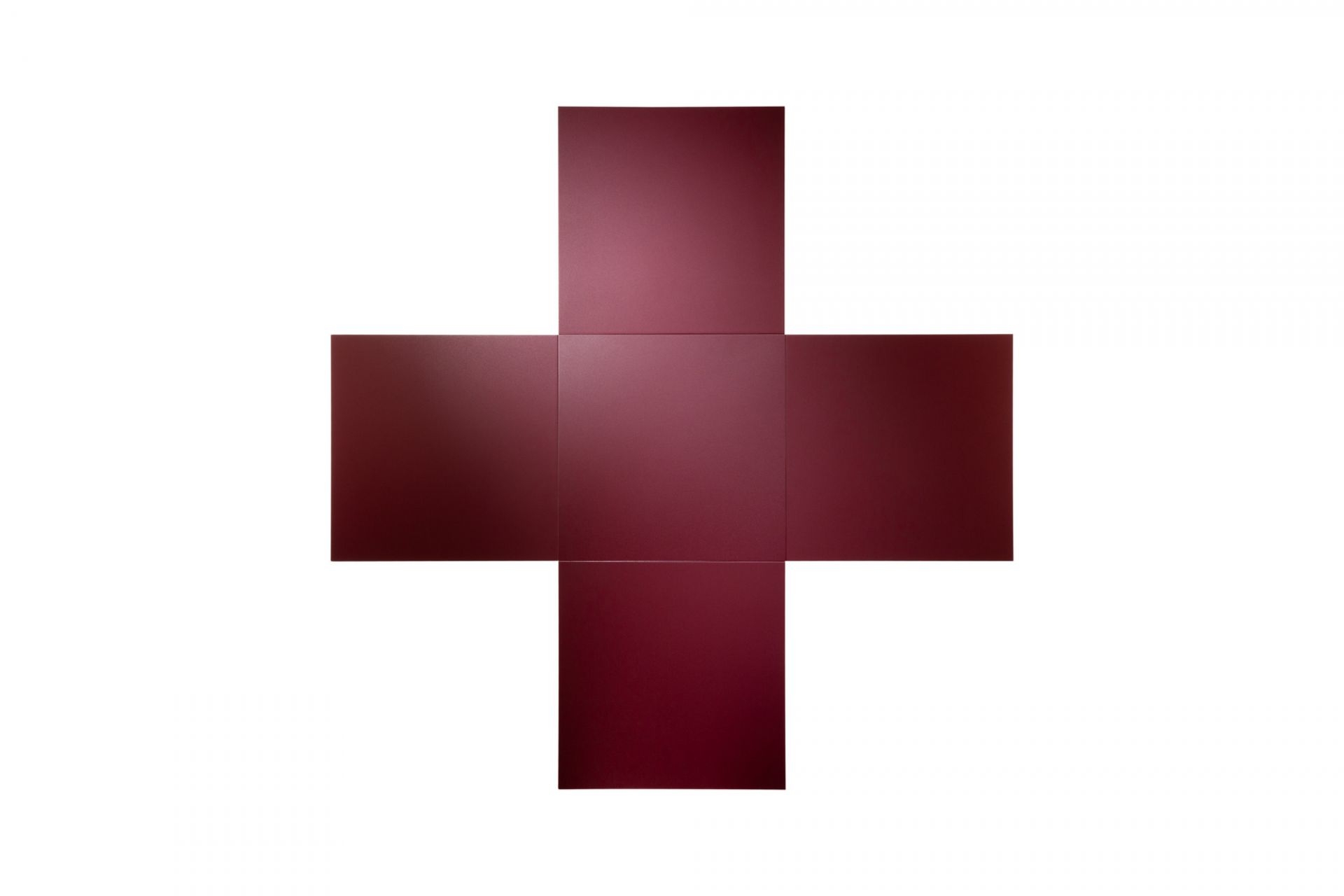 K10N Klapptisch von Tecta in Burgunderrot, Draufsicht auf die Tischplatte in Kreuzform.