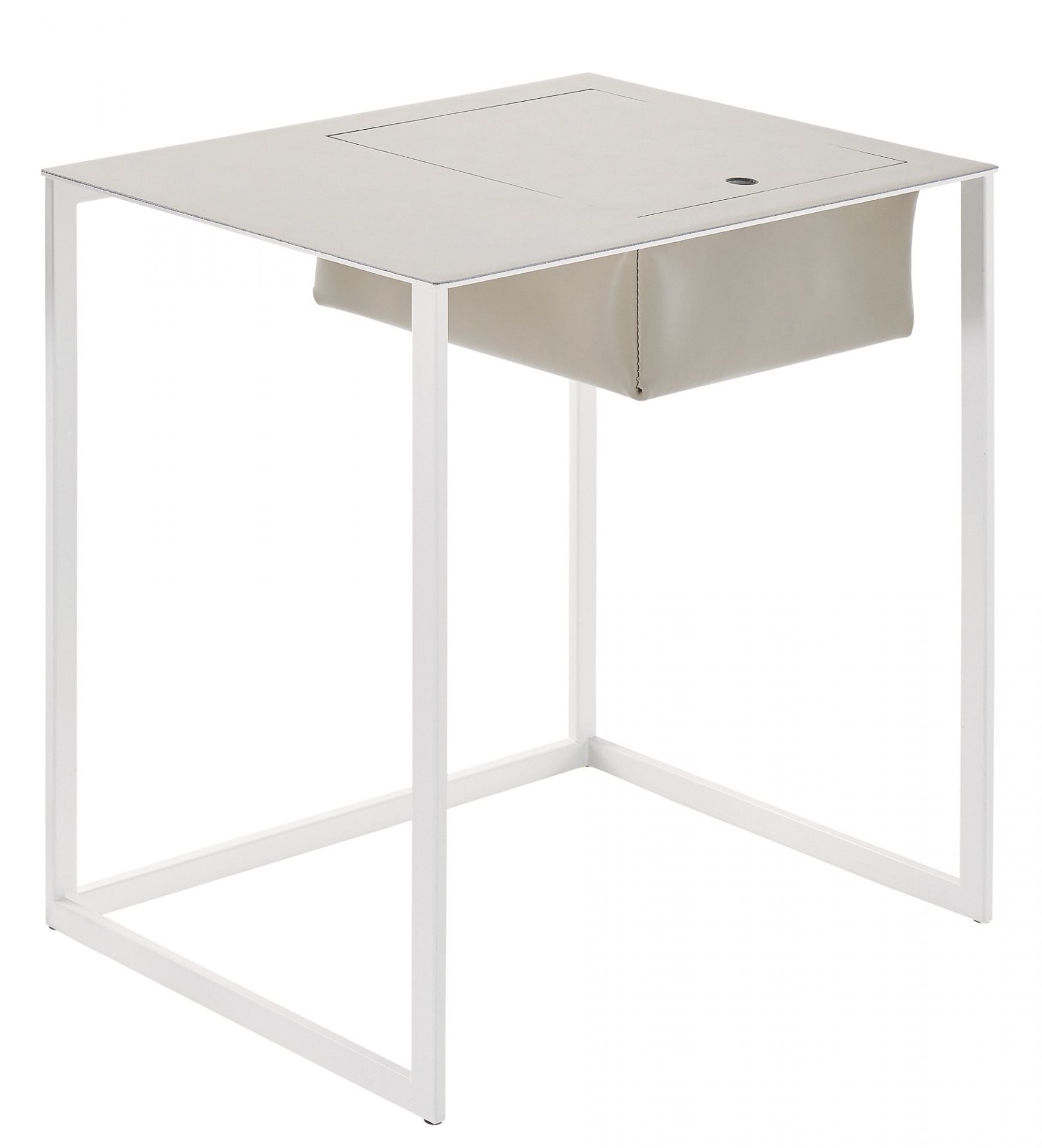 Zanotta Taschino Nachttisch in Beige mit weißem Metallgestell und praktischer Aufbewahrungstasche.
