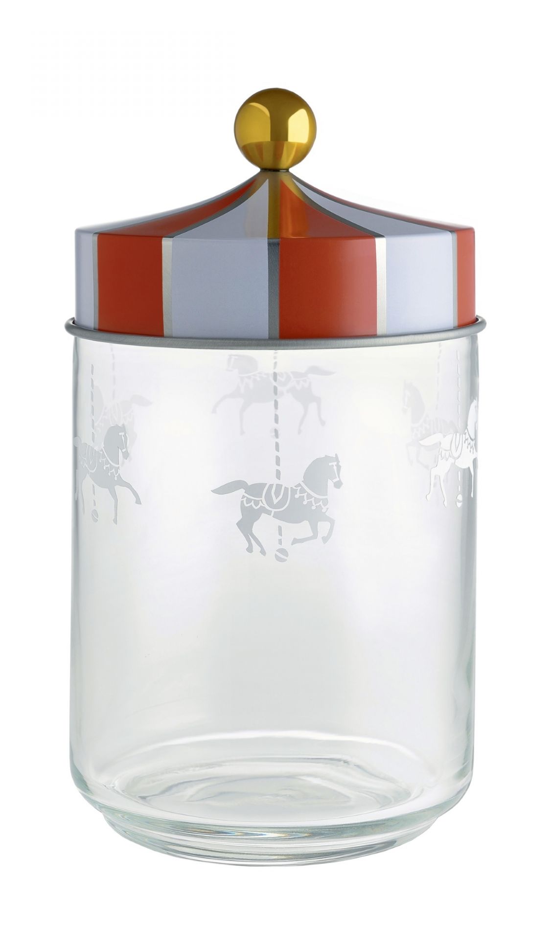 Alessi Circus Küchendose aus Glas mit Karussell-Motiv und rot-weiß gestreiftem Deckel.