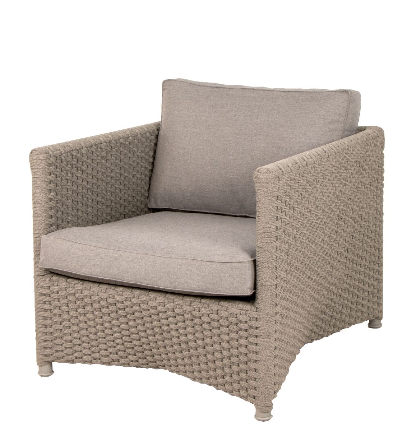 Cane-Line Diamond Lounge Sessel für den Außenbereich, hellgraues Geflecht mit bequemen Kissen.