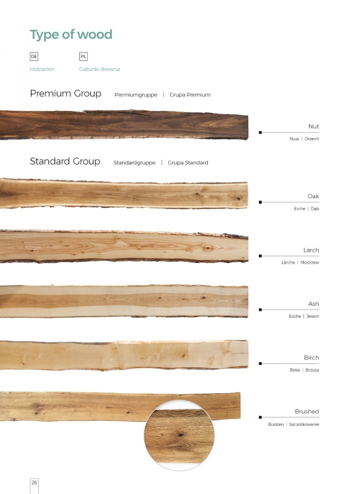 Enke Esstisch Trebord: Übersicht verschiedener Holzarten für Tischplatten, inklusive Nussbaum, Eiche, Lärche, Esche, Birke und gebürstet.