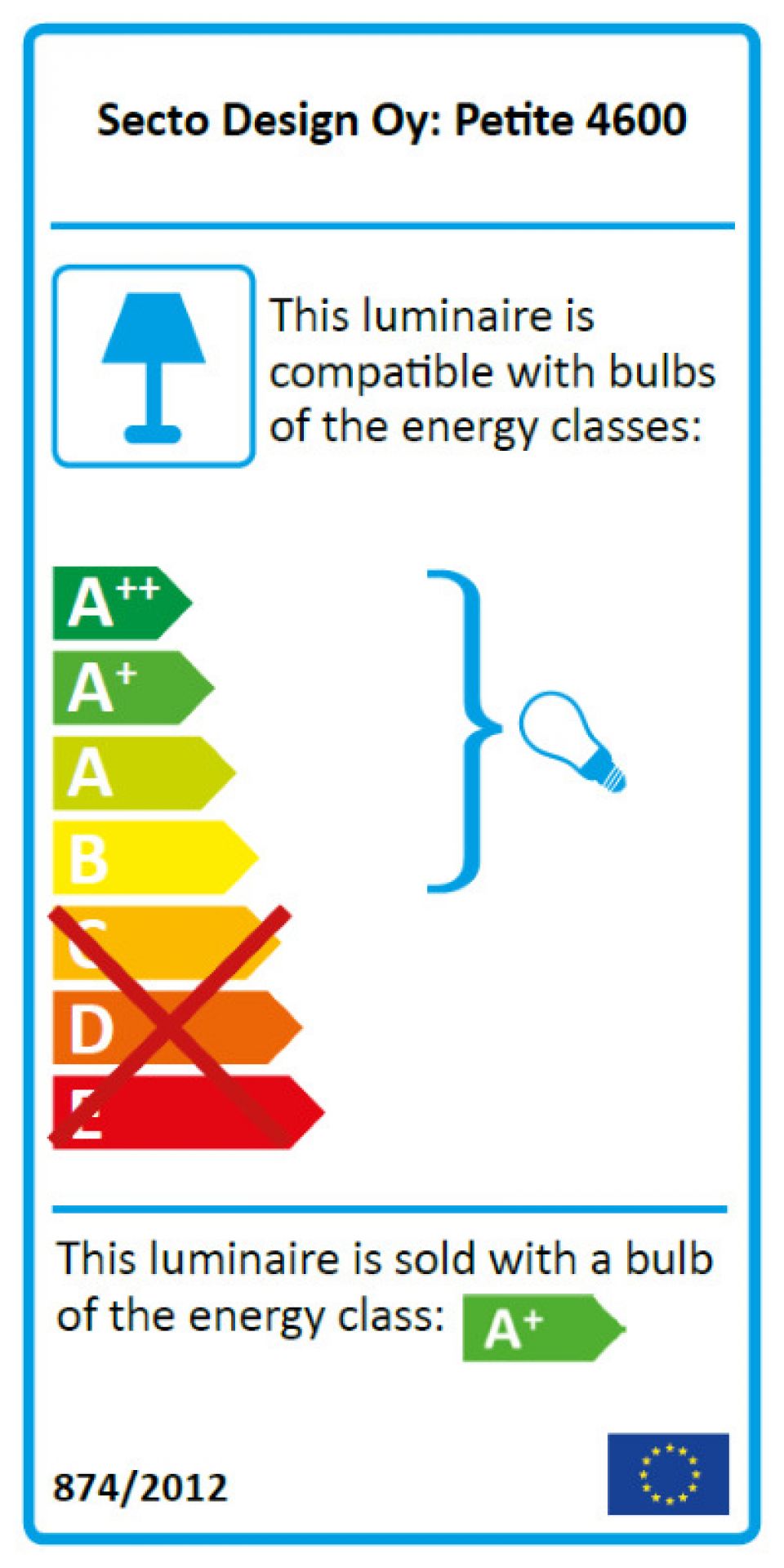 Energieeffizienzlabel der Secto Design Petite 4600 Pendelleuchte, kompatibel mit Leuchtmitteln der Klassen A++ bis B.