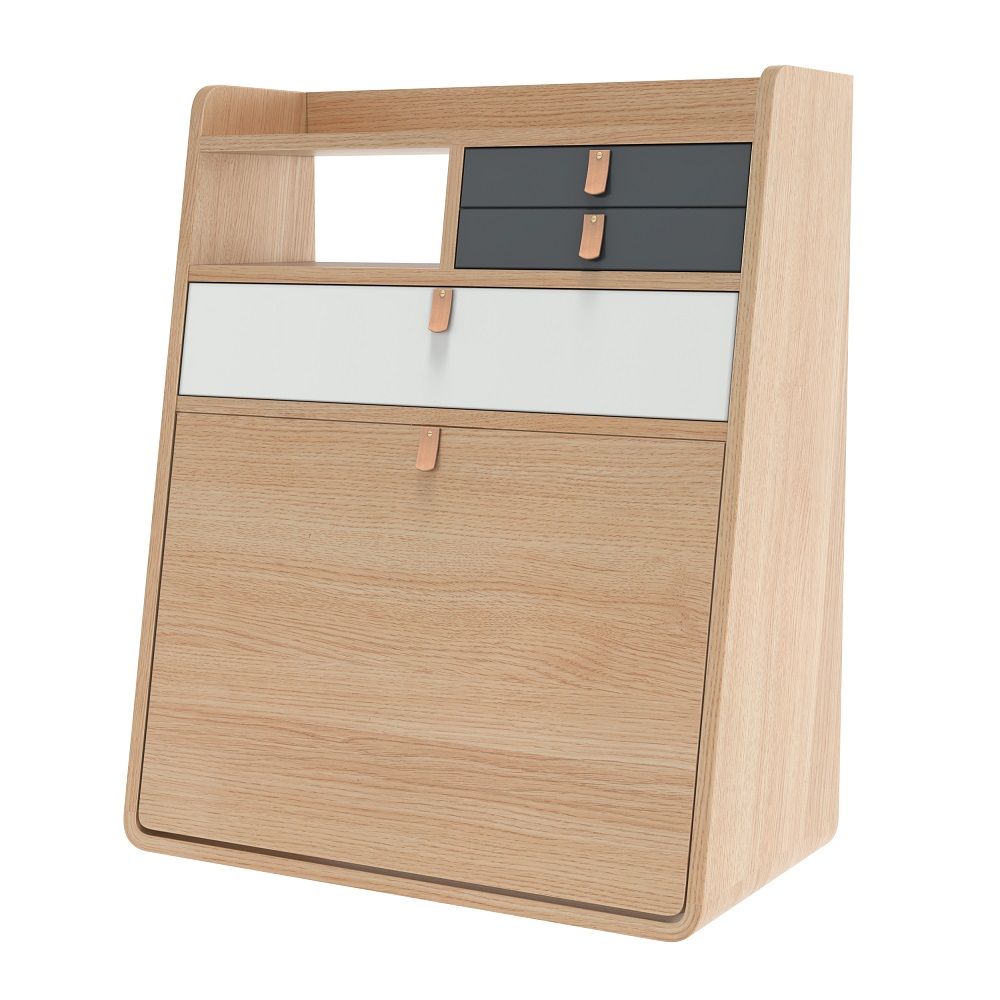 Gaston Wandsekretär von Hartô, graue und weiße Schubladen, Holzoptik, platzsparender Schreibtisch für kleine Räume.