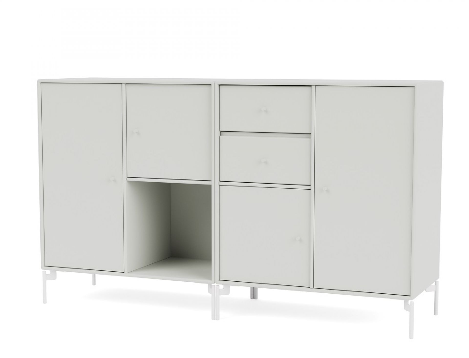 Couple Sideboard in Nordic Snow: Modernes, weißes Sideboard mit Schubladen, Türen und offenem Fach.