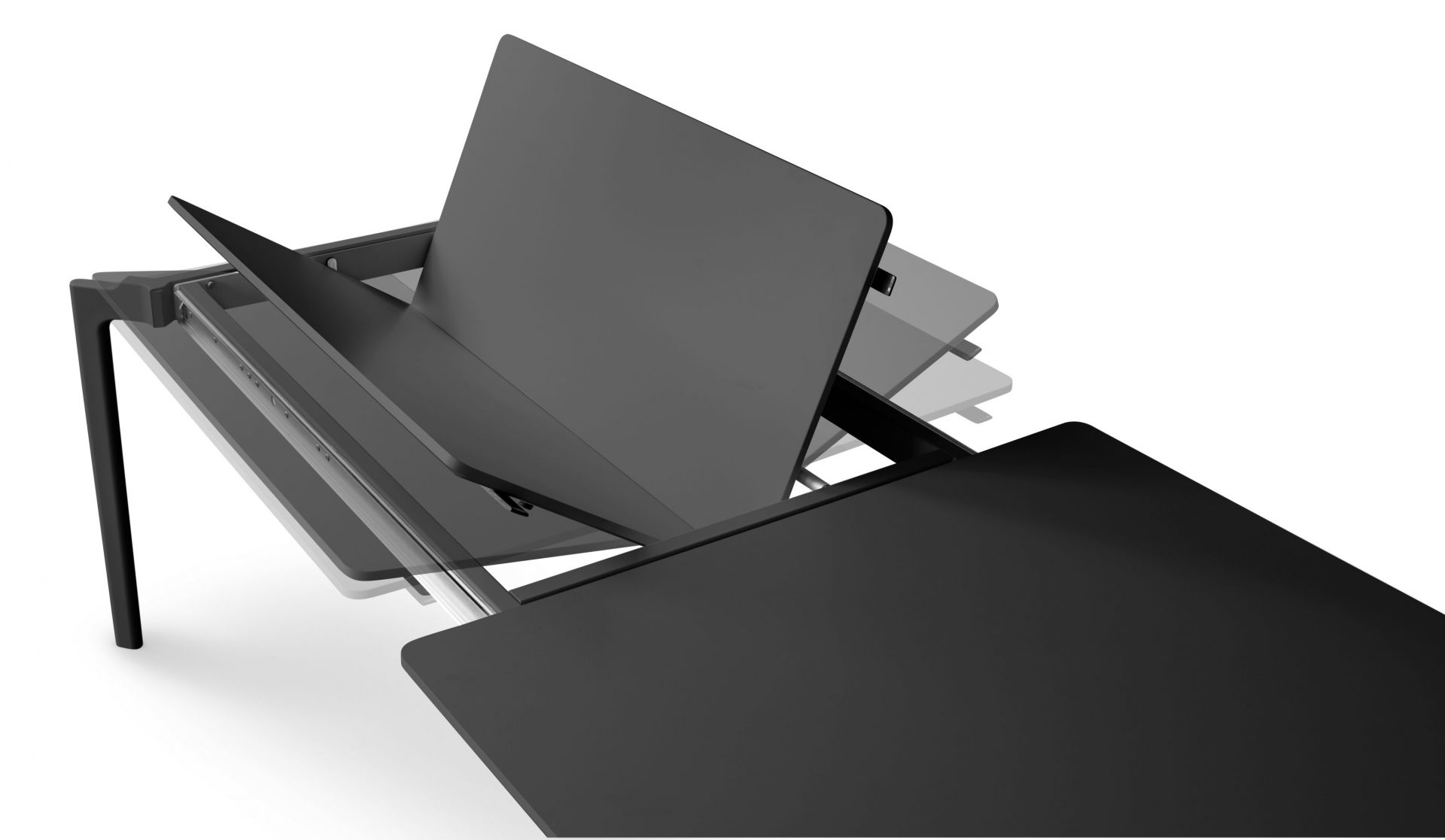 More Esstisch von Eva Solo, ausziehbar, schwarze Tischplatte, Ausziehmechanismus sichtbar, modernes Design.