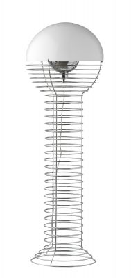 Verpan Wire Stehleuchte aus verchromtem Stahl mit weißem Lampenschirm, modernes Design für Wohnzimmer und Schlafzimmer.