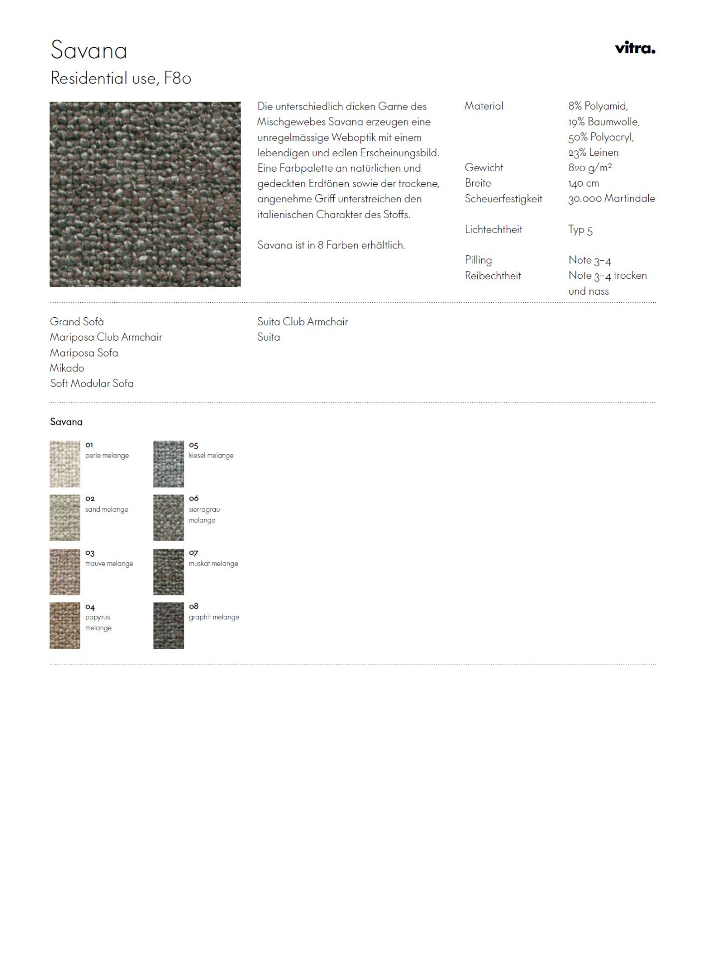 Stoffmusterkarte Savana Vitra   